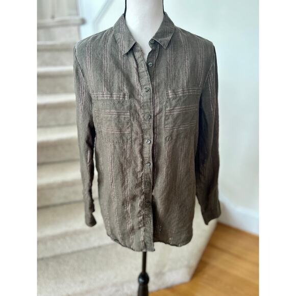 Boden Olive Green & Metallic Pink Strip Linen Button Down Long Sleeve Shirt - Picture 2 of 8